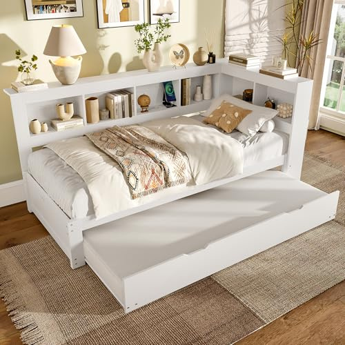 Bladez Daybett – Schlafsofa/Einzelbett mit 2 Schubladen, Stauraumbett, USB & Steckdose, Lattenrost,Modern ausziehbett Multifunktion für Jugendzimmer & Gästezimmer, ohne Matratze (Weiß-A, 90 * 200cm)