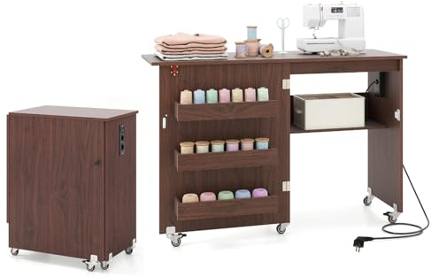 KOMFOTTEU Mesa de Costura Plegable con Estación de Carga, Mesa para Maquina de Coser con Estantes y 5 Ruedas, Armario de Almacenamiento Móvil para Hogar, Dormitorio (Nogal)