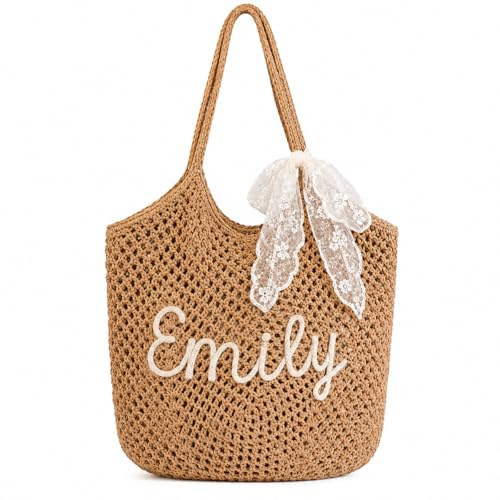 VEELU Personalisierte Gehäkelte Strandtasche Damen mit Namen & Schleife, Boho Handtasche Personalisiert aus Baumwolle, Große Sommer Tasche für Strand, Urlaub, Hochzeit, Bridesmaid Geschenk