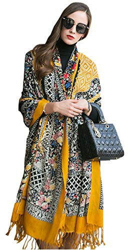 DANA XU 100% lana merino extra large coperta pashmina sciarpa da viaggio cashmere avvolgere per le donne autunno inverno oversize scialle floreale, 28 Giallo, 96 * 42 INCHES