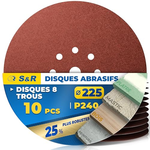 S&R 10 Discos de Lija en Papel Abrasivo con Velcro Ø 225 mm/Grano 240 para Lijadora jirafa | Lijadora para paneles de yeso, papel de lija 225, disco de lija 225 mm, papel de lija jirafa, , P240, 10 unidades
