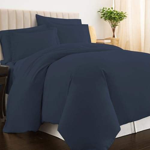Pizuna 100% Cotton Super King Duvet Cover Set Dark Blue, 400 Thread Count Long Staple Cotton Superking Duvet Cover 260x220cm, Sateen Weave Quilt Cover with Button Closure (Bedding Duvet Sets)