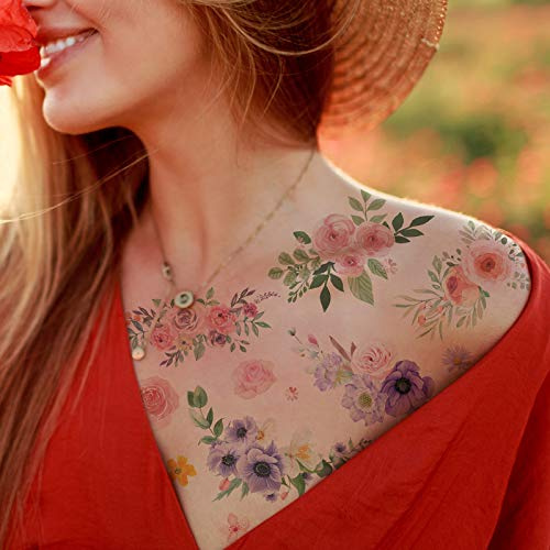 Everjoy Blumen Temporäre Tattoos Aufkleber, Aquarell Rosen, Pfingstrose, Gänseblümchen, Botanische Körperkunst, Fake Tattoos für Frauen, Mädchen - 20 Stück