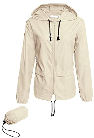 Avoogue Lightweight Raincoat Walking Jackets Women's Waterproof Windbreaker Packable Outdoor Hooded Fall Rain Jacket Beige L