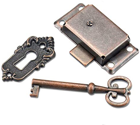 Vintage Cabinet Door Locks with Key, Square Retro Drawer Cupboard Wardrobe Locks, Furniture Decorative Practical Locks，Red Copper, 1 Pcs