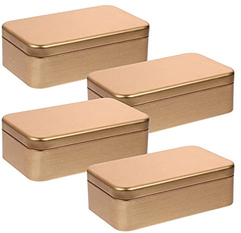4Pcs Golden Rectangular Tin Boxes with Hinged Lids, Portable Metal Storage Containers for Candy, Jewellery, Coins, Teas, and Party Favors (4.32X2.55X1.38 Inch)