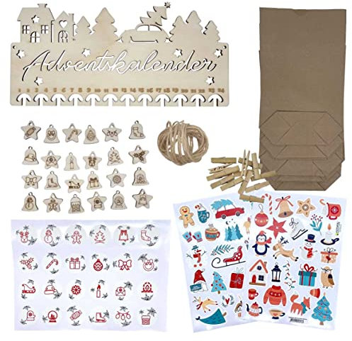 Adventskalender aus Birkensperrholz mit Symbole statt Ziffern, 24 Papiertüten, Symbole Aufkleber/Holz, Klammern aus Bambusholz und Jute Seil zum Befüllen - Adventskalender selbst basteln