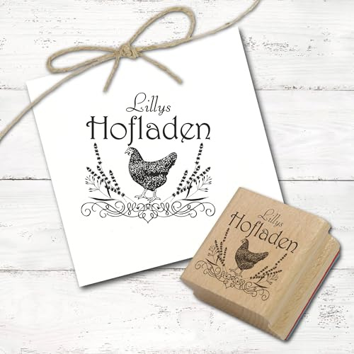 Stempel personalisiert Hofladen mit Name - Motiv Huhn Vintage Ornament - Motivstempel für Eierkarton Eierverpackung Eierschachtel - ca. 68 x 68 mm