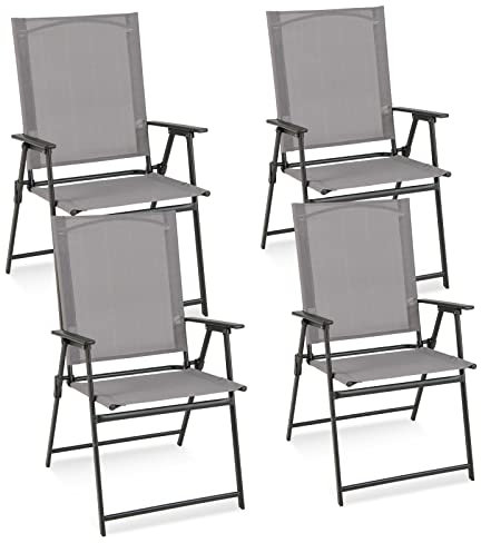 COSTWAY 4er Set Gartenstühle, Hochlehner Klappstühle mit wetterfestem Stoff, Balkonstühle mit Armlehnen, Terrassenstühle bis 150 kg belastbar, für Garten, Terrasse, Balkon, Grau