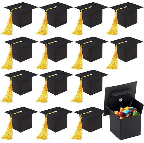 ZDNT 24 Pièces Boîte de Bonbons de Graduation,Boîte à Dragées Kraft en Forme,Boîtes à Chapeau de Graduation,Coiffe de Diplômé Boites Cadeau,Boîte cadeau avec pompon pour Graduation Party