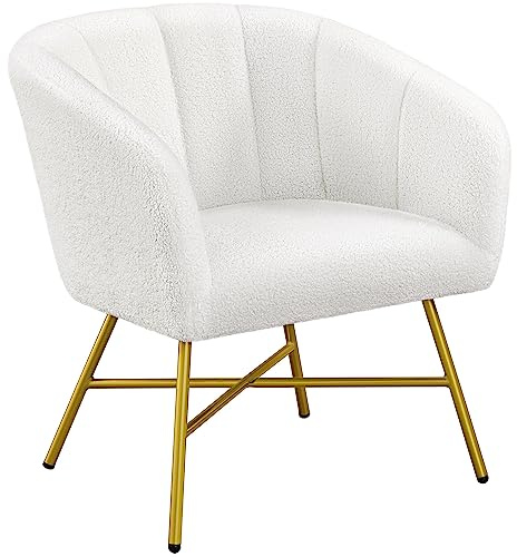 Yaheetech Boucle Tub Chair, Upholstered Vanity Chair with Round Back, White | Modern Armchair with Integrated Backrest and Armrests, Thick Padded Seat and Adjustable Foot Pads for Living Room Bedroom