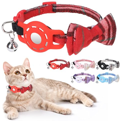 DILLYBUD Katzenhalsband mit AirTag-Halterung – Sicheres Breakaway-Design mit Glöckchen und Fliecke, leichtes verstellbares Karo-Muster-Halsband für kleine Hunde und Katzen