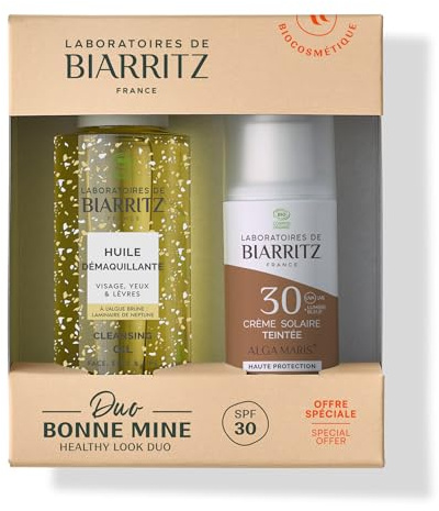 Laboratoires de Biarritz - Duo Bonne Mine - Crème solaire teintée SPF30 Dorée 50 ml et Huile démaquillante 100 ml - Pour une Peau Protégée, Unifiée et Propre - Fabriqué en France