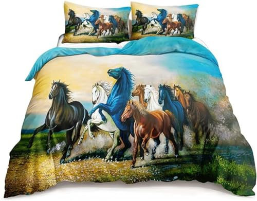 Pferde Bettwäsche 140x200, Kinder Jungen Bettwäsche Und Kissenbezug, Weich Microfaser Bettbezüge Set Mit Reissverschluss 2 Teilig (A1,135x200 cm + 80x80 cm)
