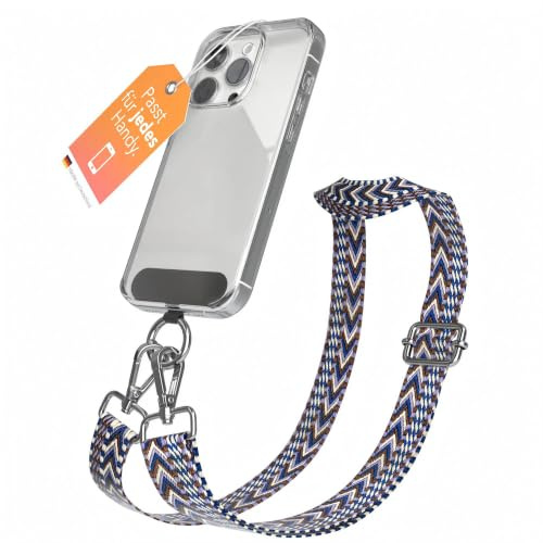 EAZY CASE - Handykette Universal zum Umhängen kompatibel mit jedem Handy Kette mit Hülle kombinierbar Handykordel mit Karabiner für Handyhülle Handyband zum Umhängen Bunt Boho Kordel Weiß Blau Silber