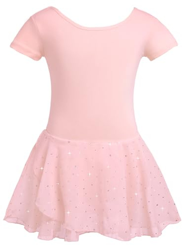 zffriction Ragazza Vestito da Balletto Balletto Leotard Vestito Danza Tutu Body Ginnastica Cotone Manica Corta con Chiffon Gonna per Ragazze(Rosa,150)