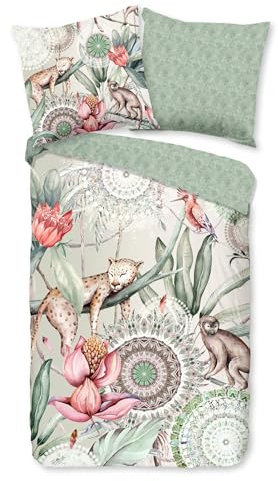 Hip Satin Bettwäsche 155x220 Wayan Dschungel Mandala AFFE Leopard Wende grün lachs 30806