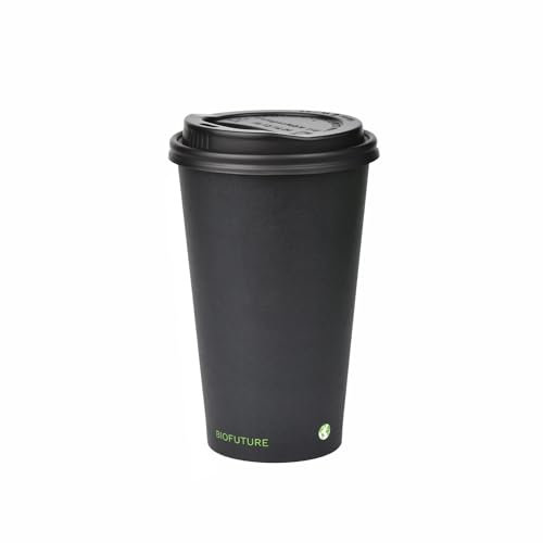 BIOFUTURE Lot de 50 tasses à café biodégradables – Gobelets en carton jetables avec couvercles – Matériau PLA de qualité supérieure, design respectueux de l'environnement
