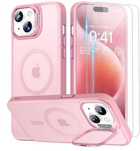 Beeasy pour Coque iPhone 15, Compatible avec MagSafe, Magnétique Case [Metal Béquille+2 Protection Écran] Militaire Protection, Résistant Aux Rayures,Translucide Rose