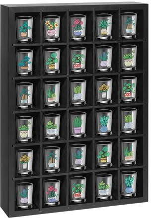 Shot Glass Display Case, 30 Slots Shot Glass Holder Wall Mounted, Solid Wood Shadow Box with Removable Shelves, Shot Glass Storage Case, Shot Glasses Shelf, Black