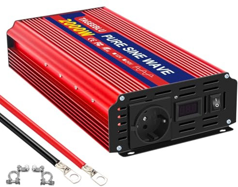 TAGEEBLU 2000W Reiner Sinus Wechselrichter DC 12V auf AC 230V Spannungswandler, Wechselrichter für Fahrzeuge mit Alligatorclip, 1 AC Steckdose und LCD Bildschirm