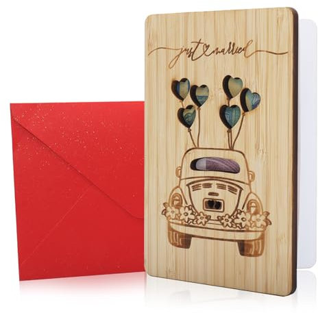 lelewangluo Hochzeitskarte Holz mit Umschlag, Lustige Hochzeitsauto Glückwunschkarte Hochzeit Karte, Hochzeitsgeschenke für Brautpaar, Hochzeitsgeschenk Geld zur Hochzeit Schön Verpackt