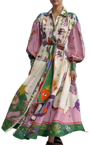 Robe Longue Vintage Graffiti pour Femme avec Ceinture, Robe Trapèze Plissée De Bal Col Chemise À Manches Longues