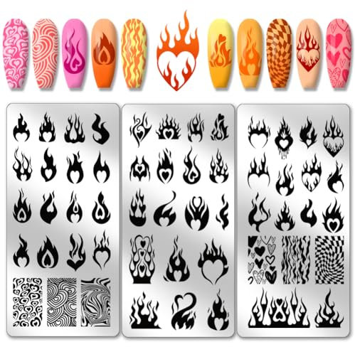 PH PandaHall 3 placas para estampado de uñas Love Flame, 54 plantillas Nail Art Stencil fuego corazón Nail Stamp Plate para impresión manicura salón Nail Design