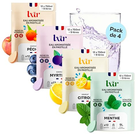 LXIR DRINK - Eau aromatisée en pastille sans sucre - Boisson multivitamines - Vitamines C et B - Hydratation quotidienne - Beauté de la peau - Vitalité - 48 pastilles - Citron/Pêche/Menthe/Myrtille
