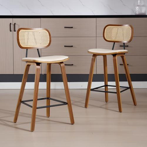 chairus 2er Set Rattan Barhocker für Küche Barstuhl Thekenhocker PU Leder Frühstück Hochhocker mit Holz Beinen für Esszimmer Wohnzimmer (Beige)