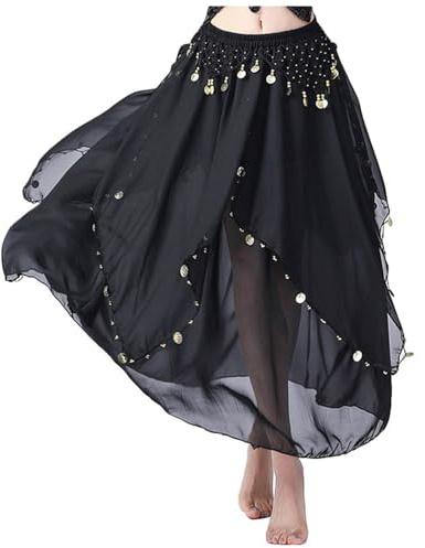 Bauchtanz Rock Lang Damen Tanzrock Pailletten Chiffonrock Tüllrock Asymmetrisch Bühnenrock Maxirock Mit Münzen Indischer Orientalische Kostüme Gummiband wahrsagerin Karneval Outfit mit Perlen