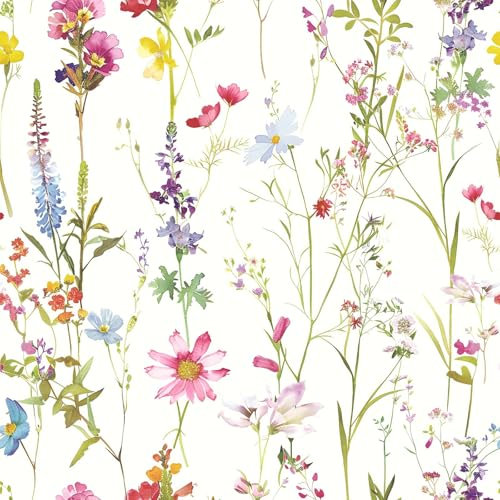 World of Wallpaper Elsie Watercolour Floral Wallpaper - Perfect for Living Rooms, Bedrooms, and Kitchens Spring Flowers White/Pink, Purple, Blue, Green AF0038