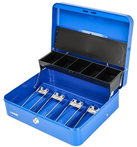 HMF 15230-05 - Caja de caudales con cerradura con compartimento para monedas y 4 compartimentos para billetes con pinza | 30 x 24 x 9 cm | Azul