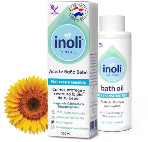 Inoli Babyöl für das Bad | pH-hautneutral Baby Badezusatz | trockene & empfindliche Haut | 6 natürlichen Ölen: Sojaöl, Sonnenblumenöl, Aprikosenkernöl, Camelinaöl, pflanzliches Öl, Vitamin E | 100 ml