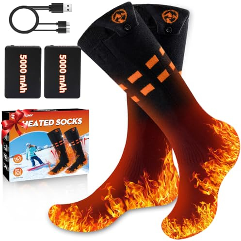 Multper Beheizbare Socken Damen Herren, 5V 5000mAh Wiederaufladbare Heizsocken, 3 Heizstufen Beheizte Socken, Bis zu 65℃ Fußwärmer Warme Socken für Outdoor Skifahren Radfahren Winter Camping Wandern