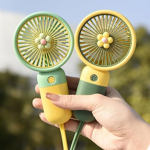 Xzyden 2Pcs Handheld Fans, Adorable Cartoon Flower Handheld Fans with Bonus Charging Base Stand,Rechargeable Portable Desktop Fans, Cute Mini Gift for Boys&Girls (Green & Yellow, 4.7x5.9x3.9in)