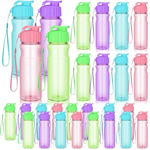 OGMBI 20 Stück Kunststoff Trinkflaschen für Kinder, 500 ml Wiederverwendbare Wasserflasche, Auslaufsicher Klappdeckel Sportflasche für Schule, Sport, Reisen, Outdoor, Party (4 Farben)