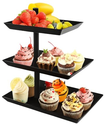 Zbozzba 360° Rotierend Kuchenschale Snackhalter Ausziehbar，Schwarz 3 Etagen Drehbar Obst Tortenständer,Servierplatte Metall Dessert Tisch für Party Hochzeit Büro