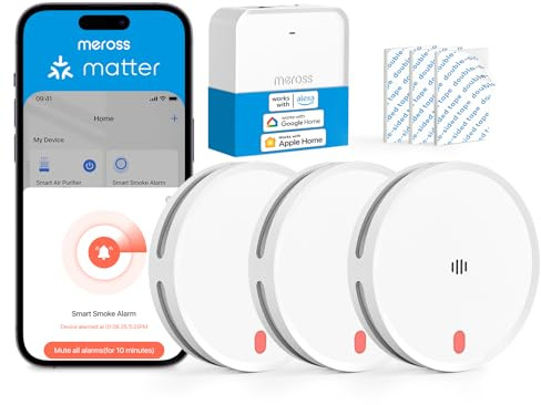Meross MA151 Smart Smoke Alarms for Home with MSH450 Matter Hub, 3-Pack | 10-Year Lifespan WiFi Smoke Detector, App Control, Wireless Interlinked, HomeKit, Alexa, Google Home, Dual Sensor Fire Alarm