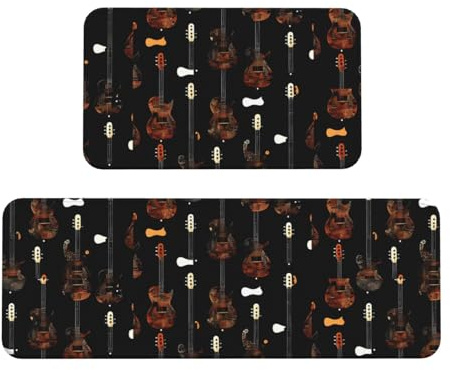 Art Guitar Pattern Print Kitchen Rugs Set of 2, Cushioned Anti-Fatigue Kitchen Mats for Floor, Waterproof Comfort Standing Mat Absorbent Velvet Kitchen Runner Rugs 17x30+17x47