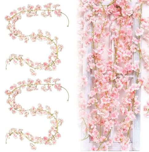 2pezzi Fiori di Ciliegio Artificiali Ghirlanda,Fiori Finti per Decorazioni,Rami Fior di Ciliegio Finti,Decorazione Sospesa in Fioris di Seta da 1,8m,per Decorazioni da Giardino,Balcone,Parete