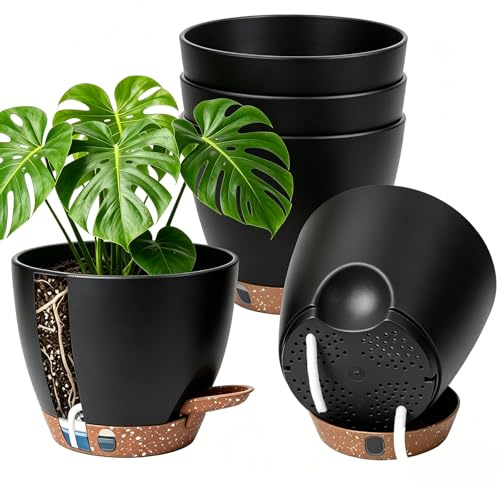 Anhow Vaso per Piante da Interno Set di 5, Vaso Autoirrigante, Nero | Ø 15,2 x H 13,8 cm Vasi Plastica 100% Plastica Riciclata per Casa e Ufficio Vasi Fiori per Orchidee, Menta, Basilico
