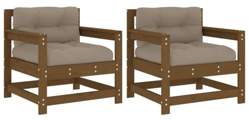 QJBSAVVA Gartenstühle 2er Set mit Kissen Honigbraun, Massivholz Kiefer Sessel für Terrasse und Garten, Outdoor Loungesessel Holz mit Armlehne, 70x62x70,5 cm, 2 Stück