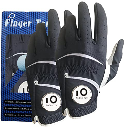 FINGER TEN Paire de Gants de Golf Homme Main Gauche Droite en Cuir Cabretta avec marqueur de Balle (Pas de Paires) Toutes Saisons Poignée Gant de Golf Gant