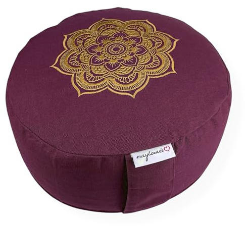 Meditationskissen Yogakissen Celine Madeleine mit Stickerei Bezug waschbar, gefülltes Innenkissen mit Bio-Dinkelspelzen 33 x 15 cm geeignet für Anfänger und Geübte (pflaume)