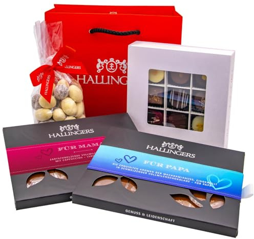 Hallingers Genuss Manufaktur Feinkost Muttertagsgeschenk-Set - XL-Geschenkkorb Mama & Papa Bag... großes Mitbringsel 2 Schokoladen-Tafeln, 9er-Pralinen & Nougatmandeln, Geschenkidee für Mama Papa