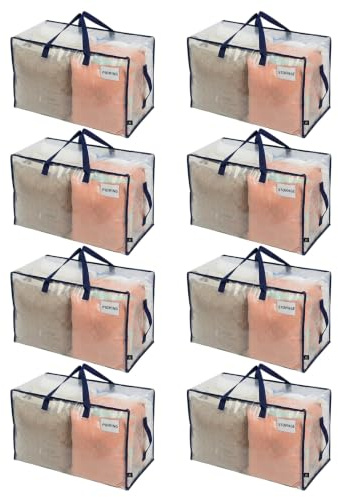 VENO Lot de 8 Grands Sac de Rangement avec Couvercle et Poignées Renforcées, Sac Demenagement, Cartons Déménagement de 102 L Résistant pour Rangement des Vêtements (Transparent, Lot de 8)