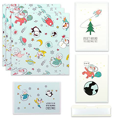 Organized Circus Weihnachts-Geschenkpapier, 76,2 x 50,8 cm, Motiv: Weihnachtsmann im Weltraum, 3 Premium-Geschenkpapierbögen und passende Karten mit Umschlägen, perfektes Geschenkpapier,