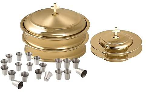 Mayur Exports Kommuniongeschirr-Kirchenset | Stapelbar, 2 Kommuniontabletts mit Deckel und 2 Brotteller mit Deckel, 80 Becher enthalten | Ideal für Kirchen | Edelstahl – glänzendes (Gold-) Finish