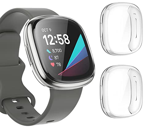 DULIPING 2 Stück Schutzhülle für Fitbit Versa 3 / Fitbit Sense Hülle, Vollständige Abdeckung Weiche TPU Schutzfolie Kompatibel mit Fitbit Sense / Versa 3 Case, Transparent+Transparent